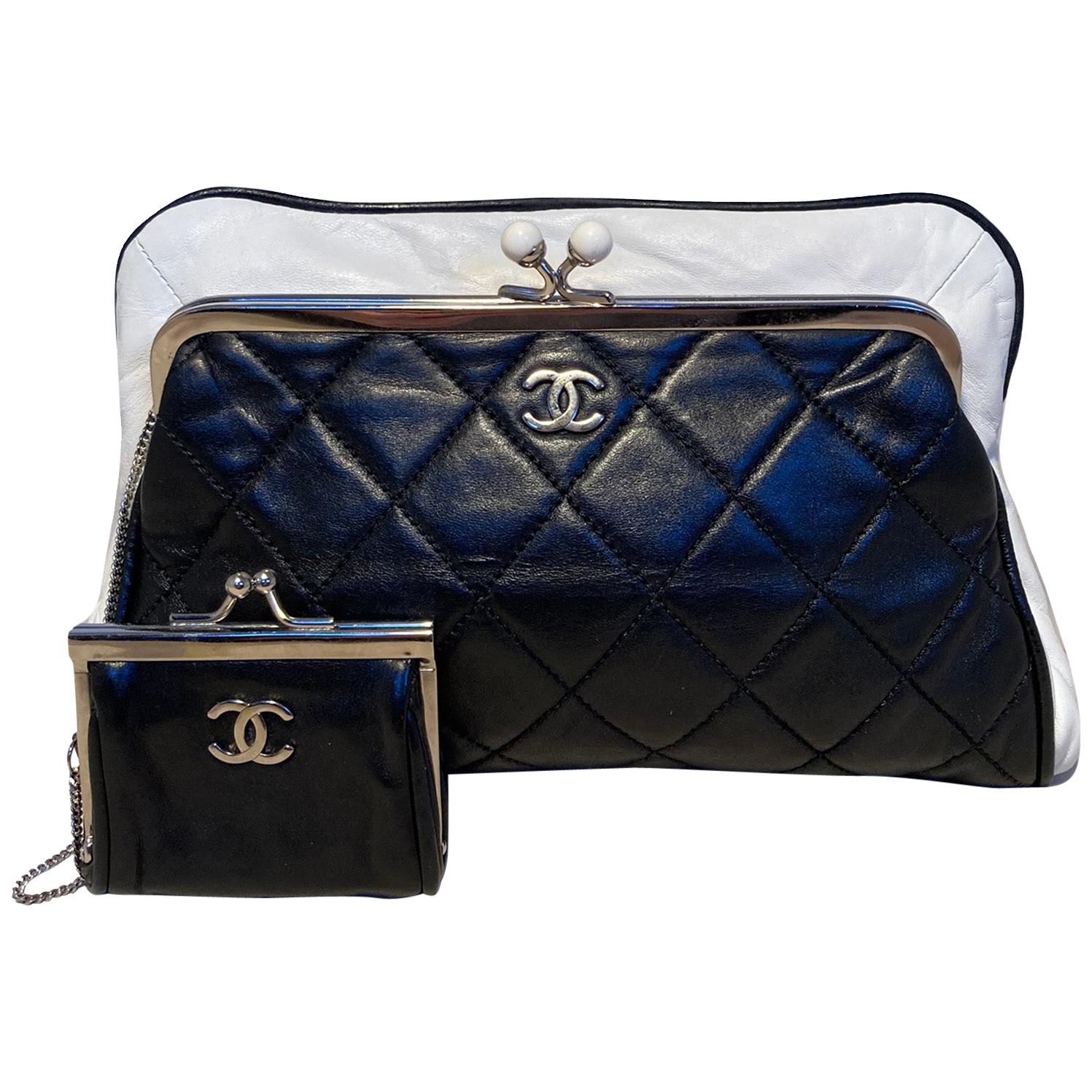 Chanel Black and White Kiss Lock Clutch with Coin Pouch