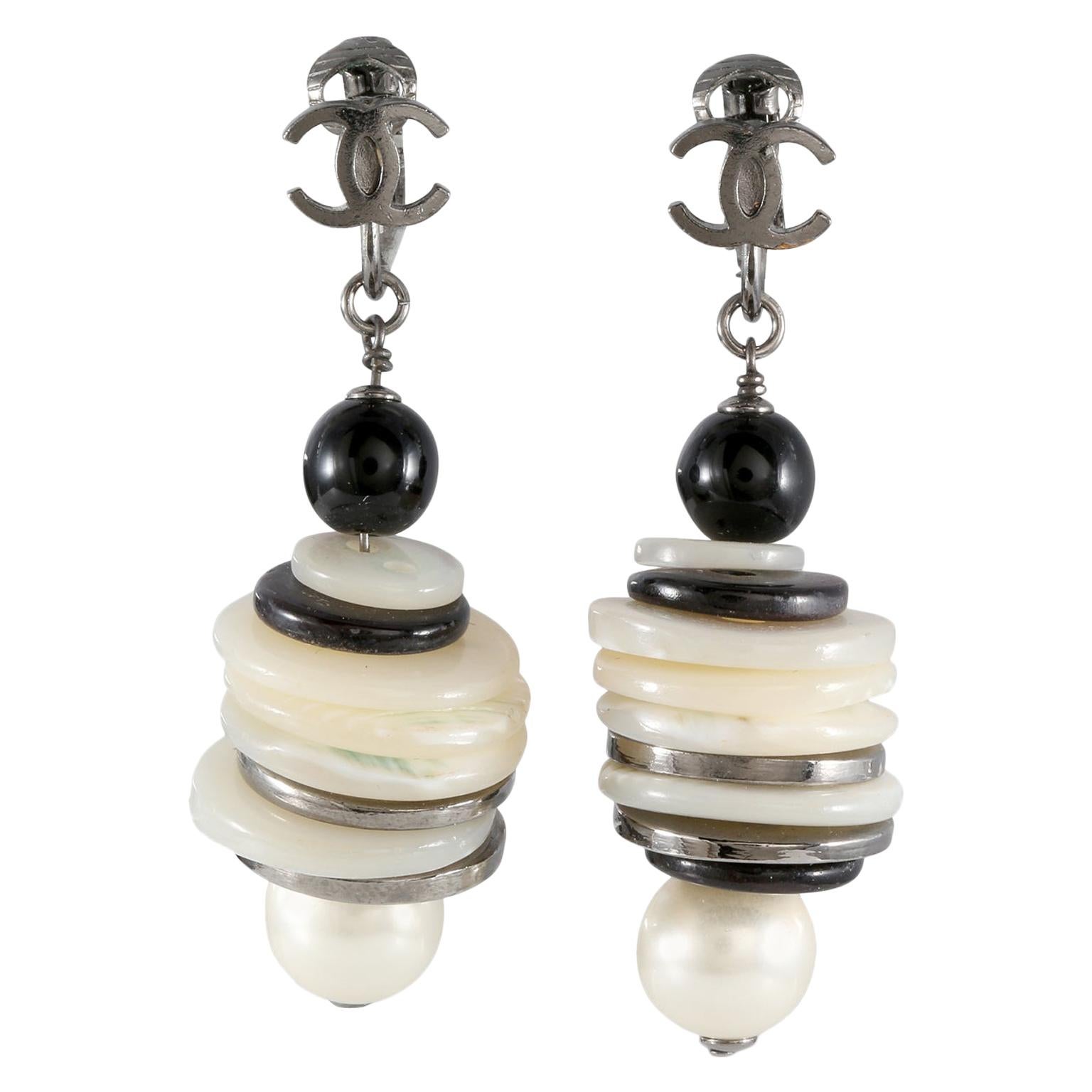 Chanel Black and White Layered Button Earrings