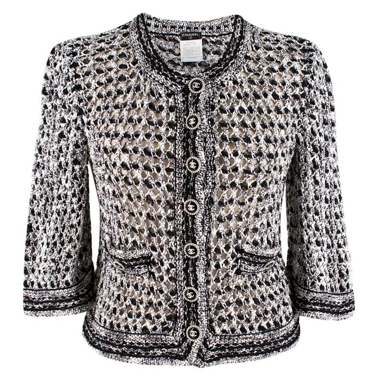 Chanel Black and White Open Knit Cardigan SIZE 34 at 1stDibs