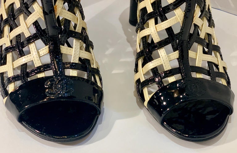 Chanel Black and White Patent Leather Cage Peep Toe Booties Shoes Size 41 or 11 For Sale 8