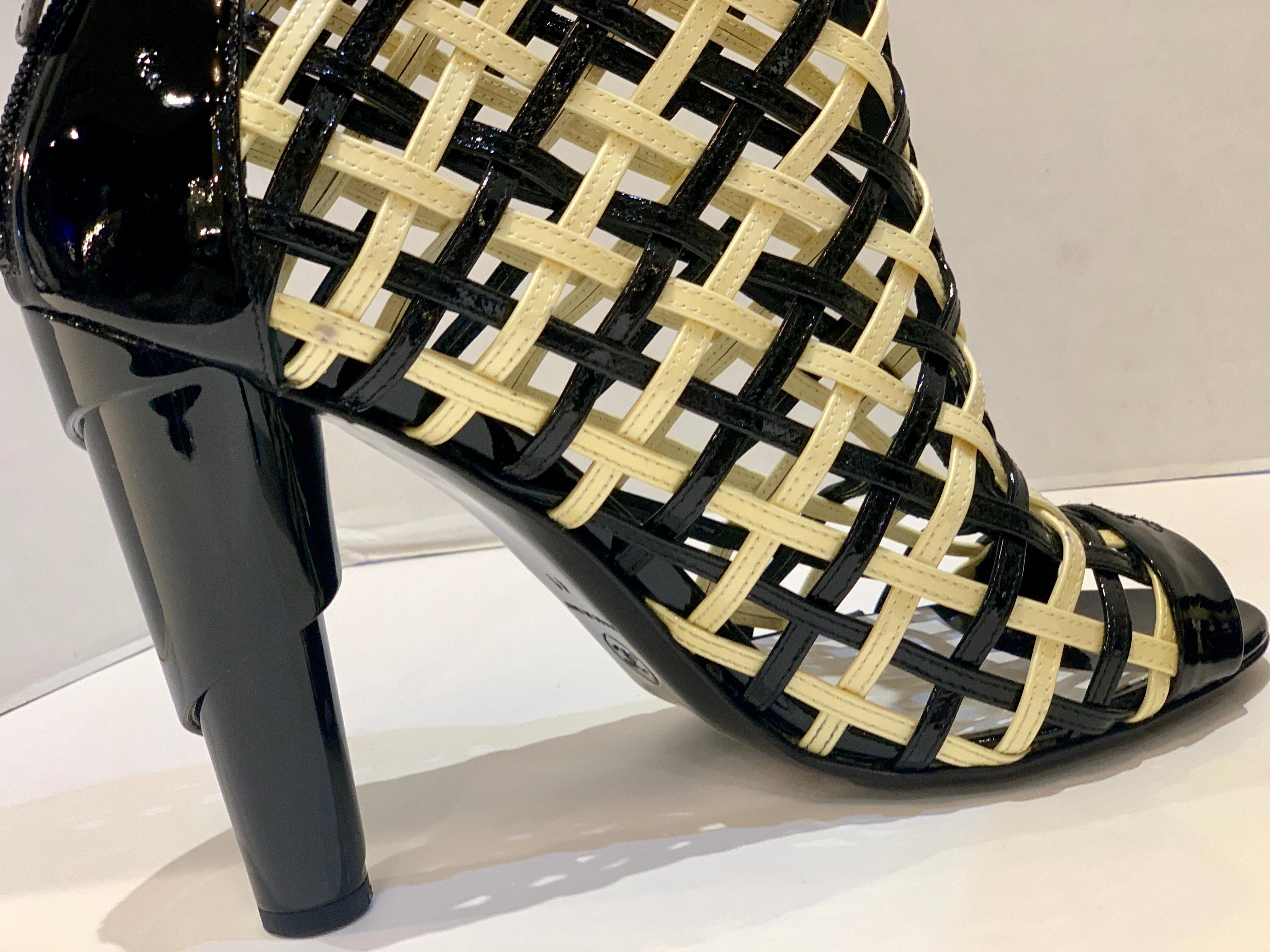 Chanel Black and White Patent Leather Cage Peep Toe Booties Shoes Size 41 or 11 For Sale 3