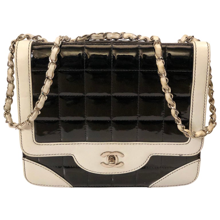 Chanel Black and  White Patent Leather Shoulder Strap bag  For Sale