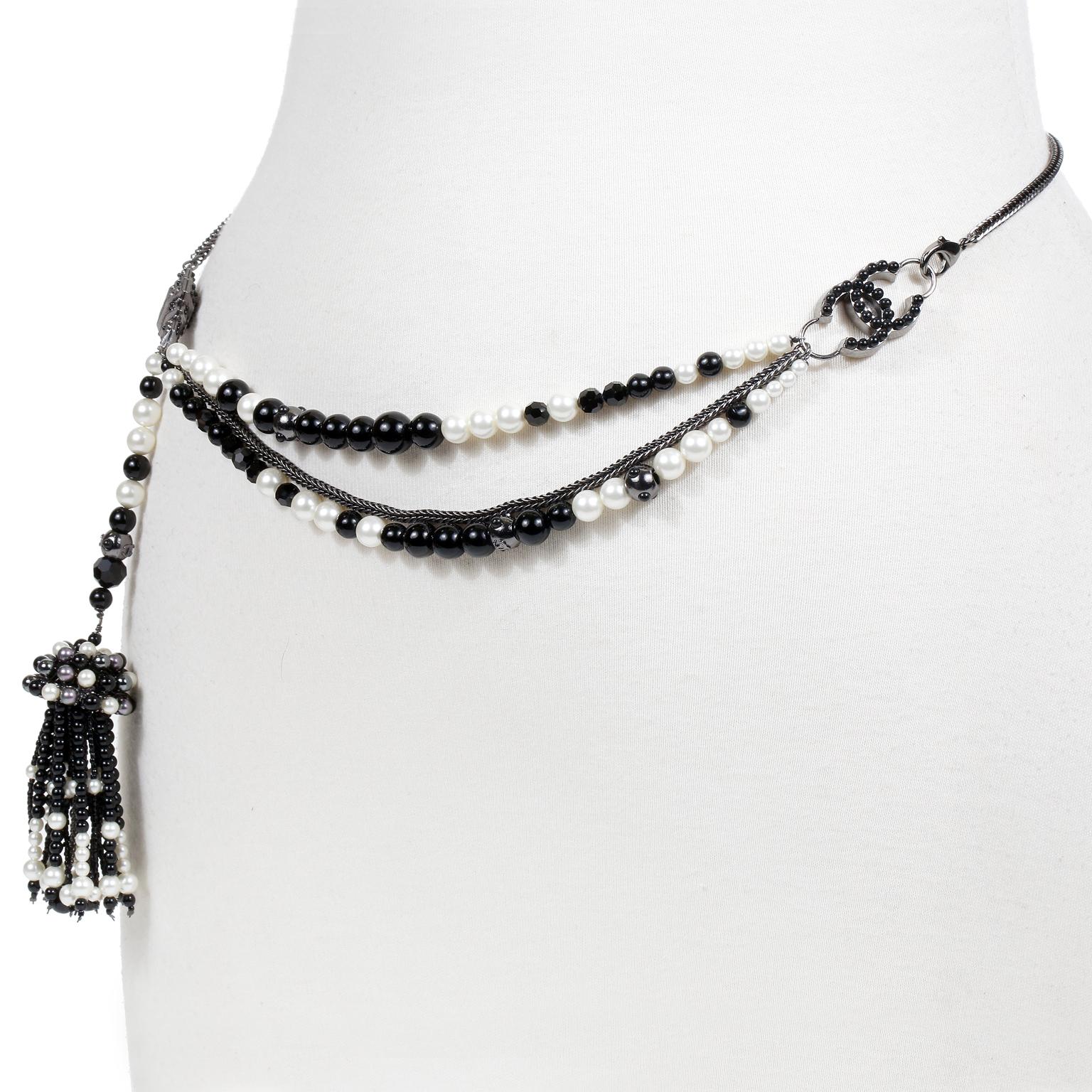Women's Chanel Black and White Pearl Tassel Belt Necklace