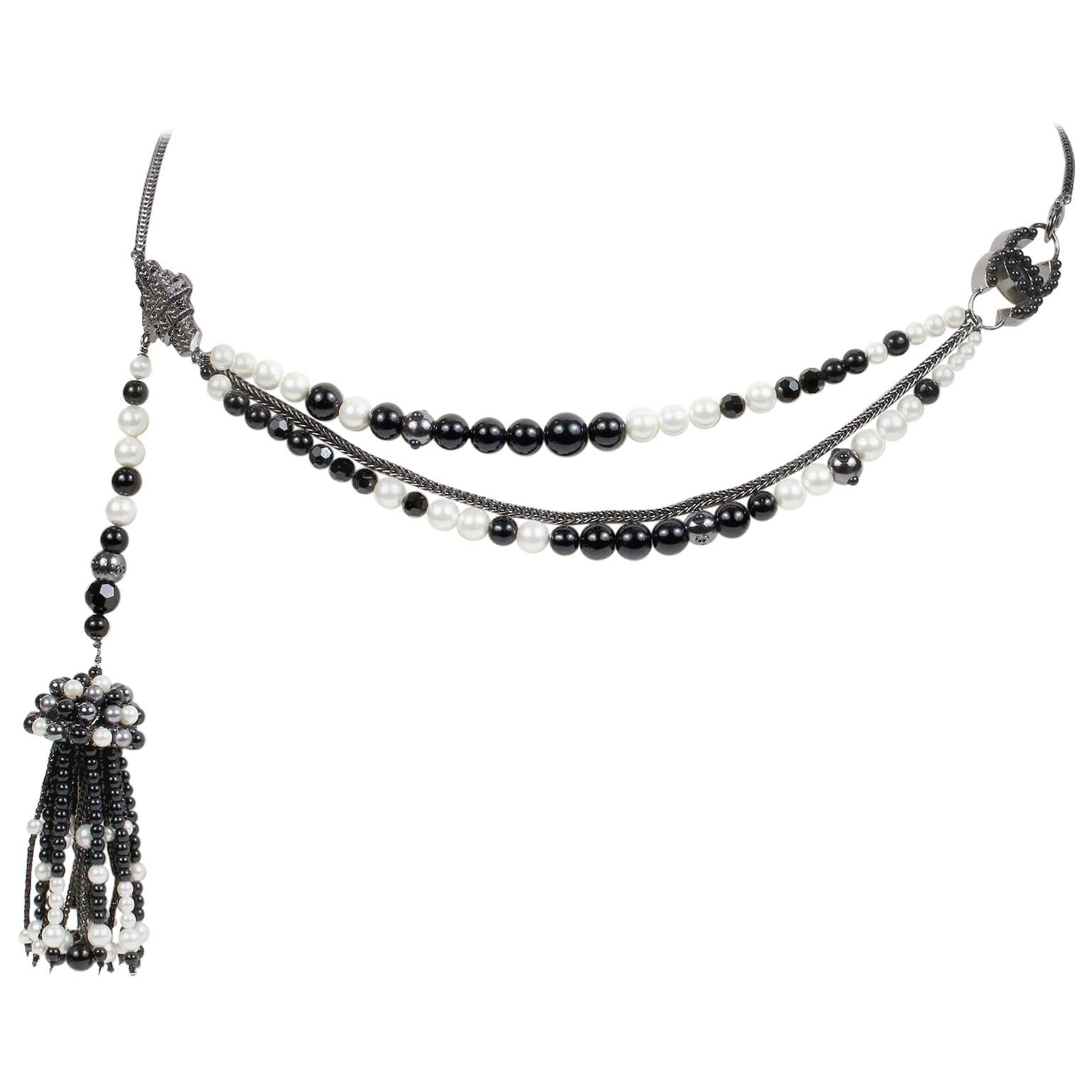 Chanel Black and White Pearl Tassel Belt Necklace