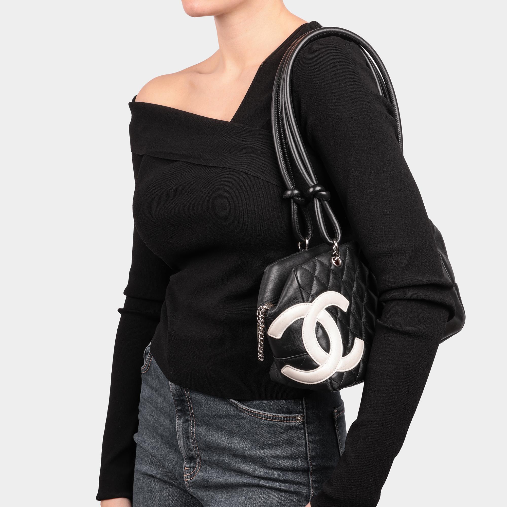 CHANEL Black and White Quilted Lambskin Large Cambon Bowling Bag 7