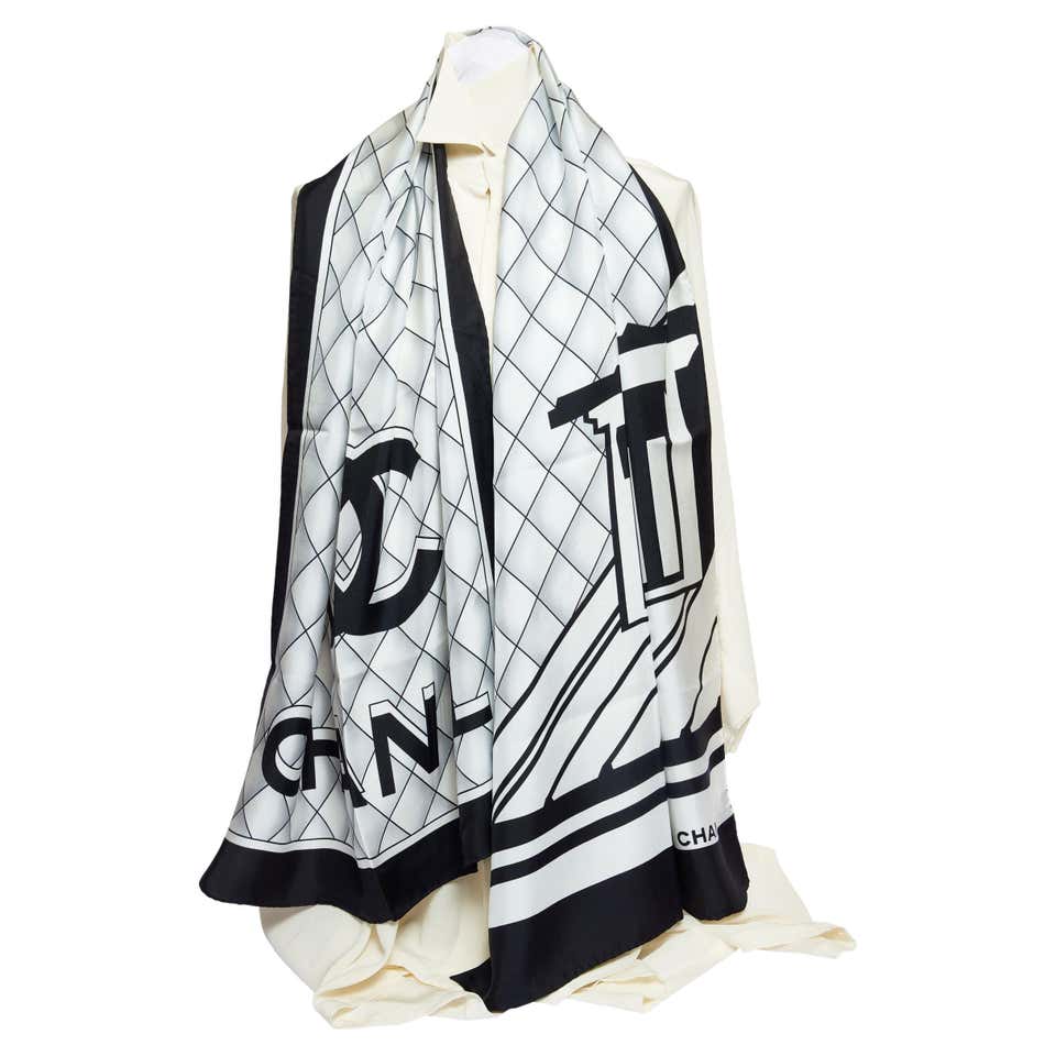 Scarf With Lettering Chanel Black And White Silk Scarf For Sale at 1stDibs