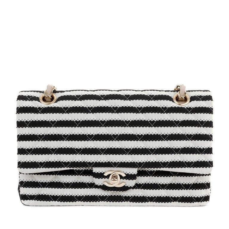 Chanel Black and White Striped Medium Classic Flap with Pearls