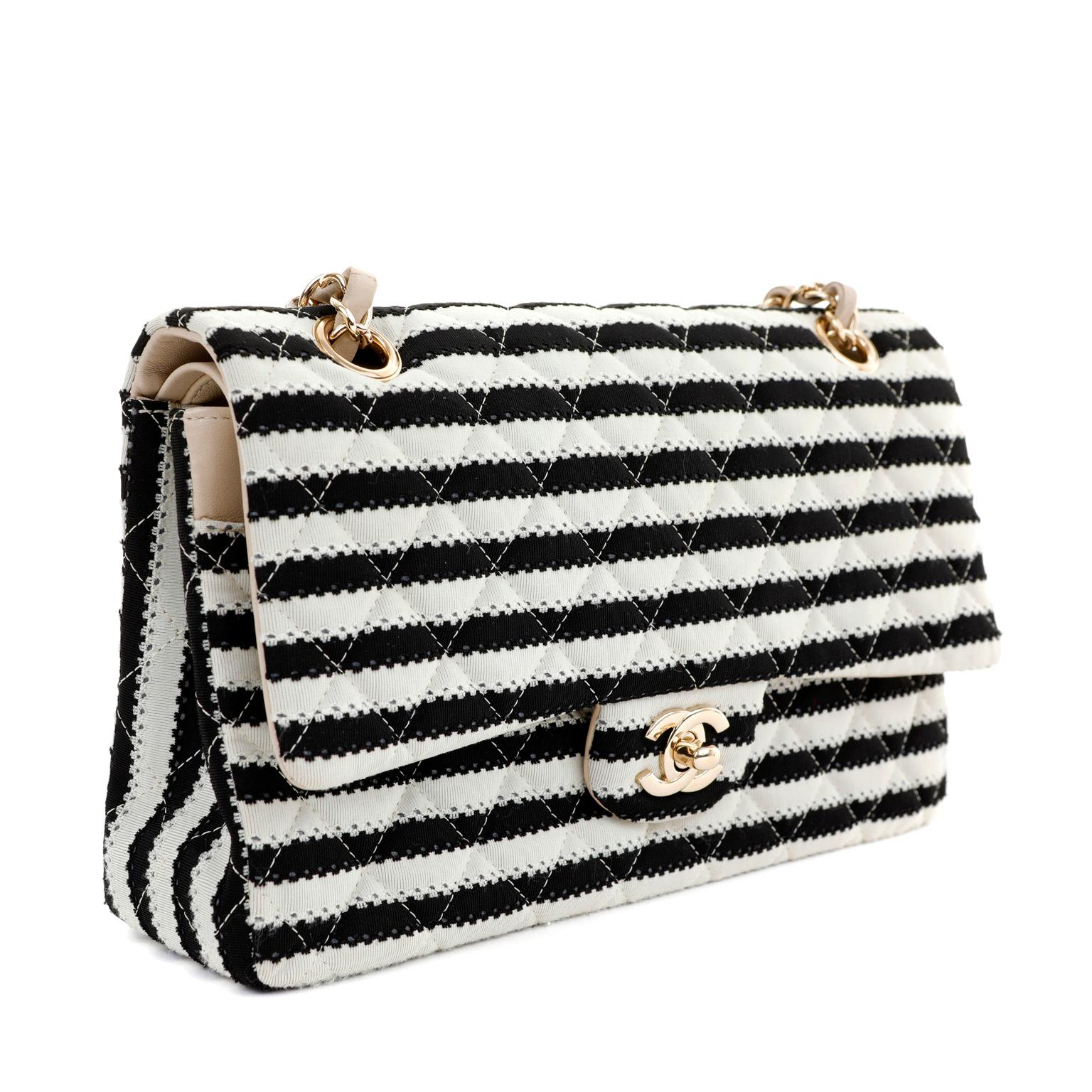 Chanel Black and White Striped Medium Classic Flap with Pearls In Good Condition In Palm Beach, FL