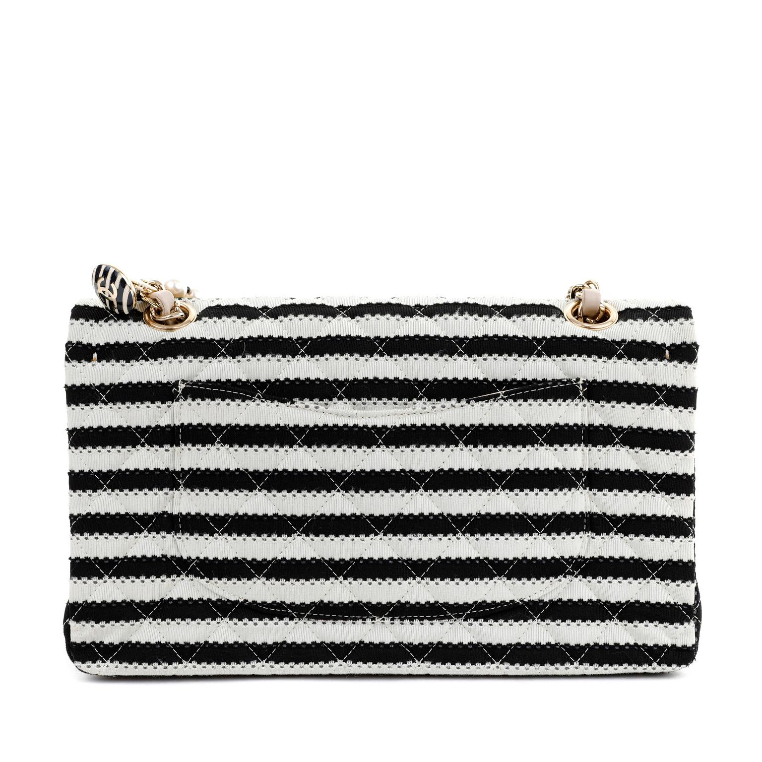 Women's Chanel Black and White Striped Medium Classic Flap with Pearls