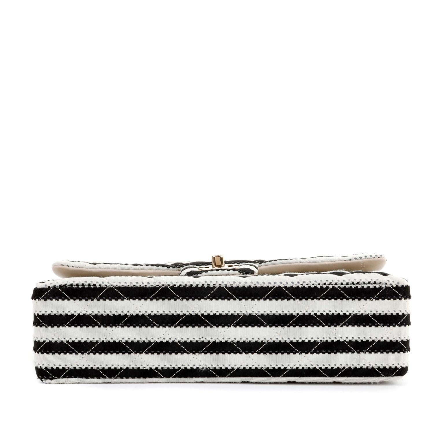 Chanel Black and White Striped Medium Classic Flap with Pearls 1