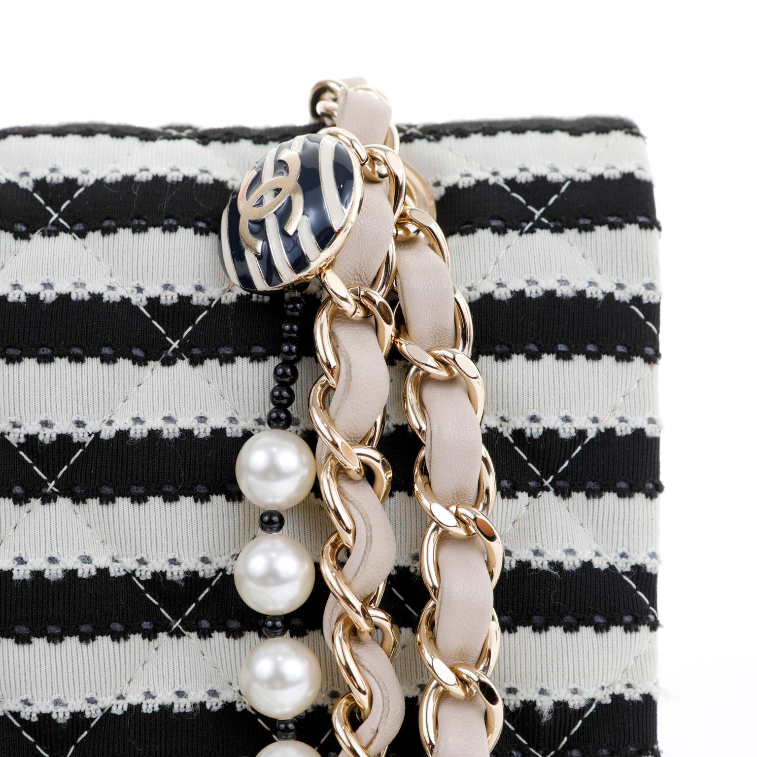 Chanel Black and White Striped Medium Classic Flap with Pearls 2