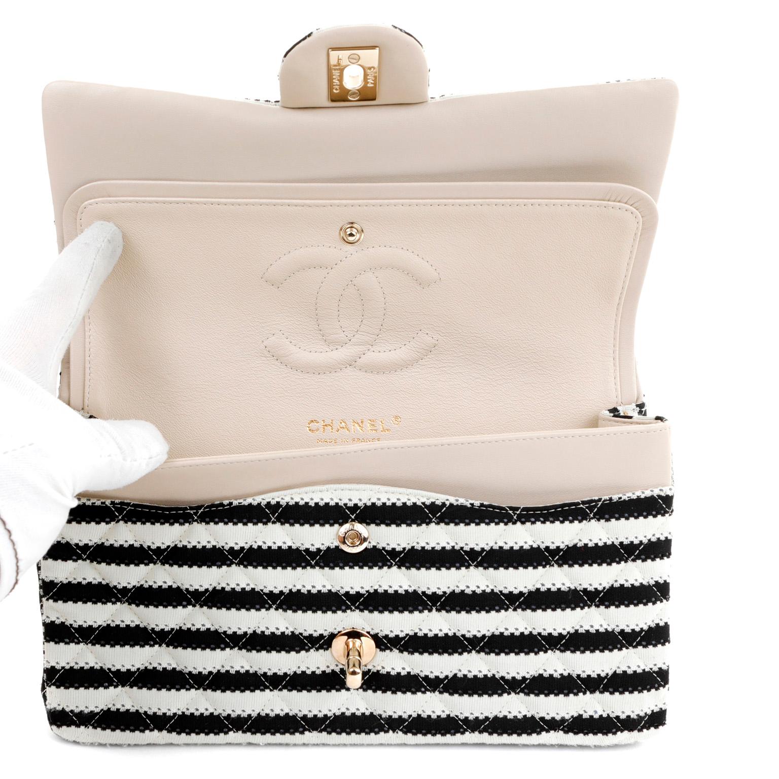 Chanel Black and White Striped Medium Classic Flap with Pearls 3