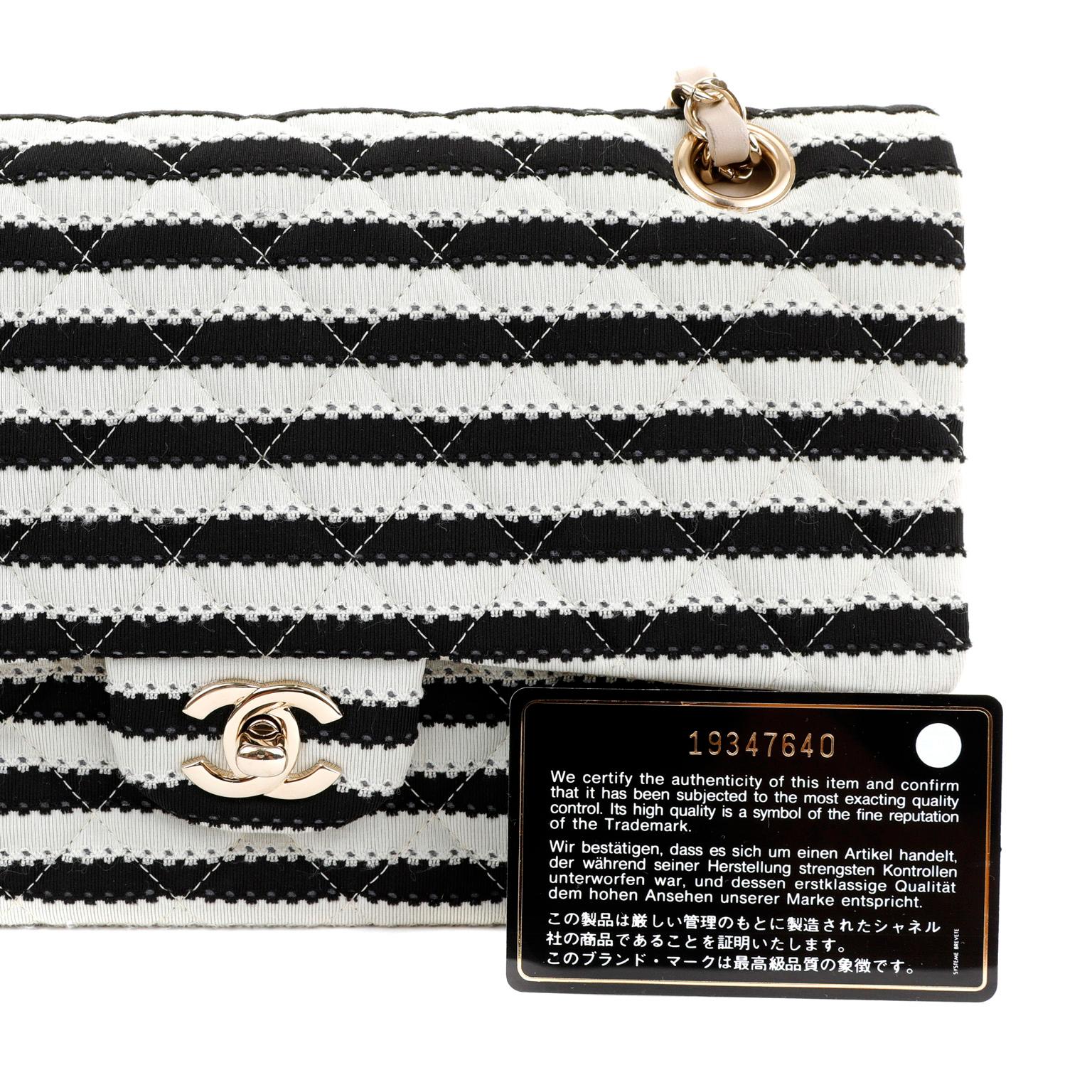 Chanel Black and White Striped Medium Classic Flap with Pearls 5