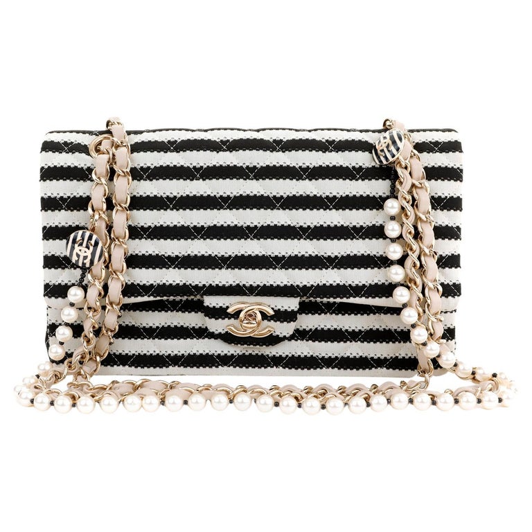 Chanel Black and White Striped Medium Classic Flap with Pearls For Sale at  1stDibs