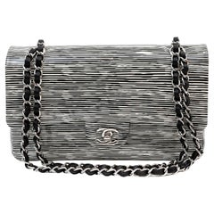 Chanel Black and White Striped Patent Leather Medium Classic Flap
