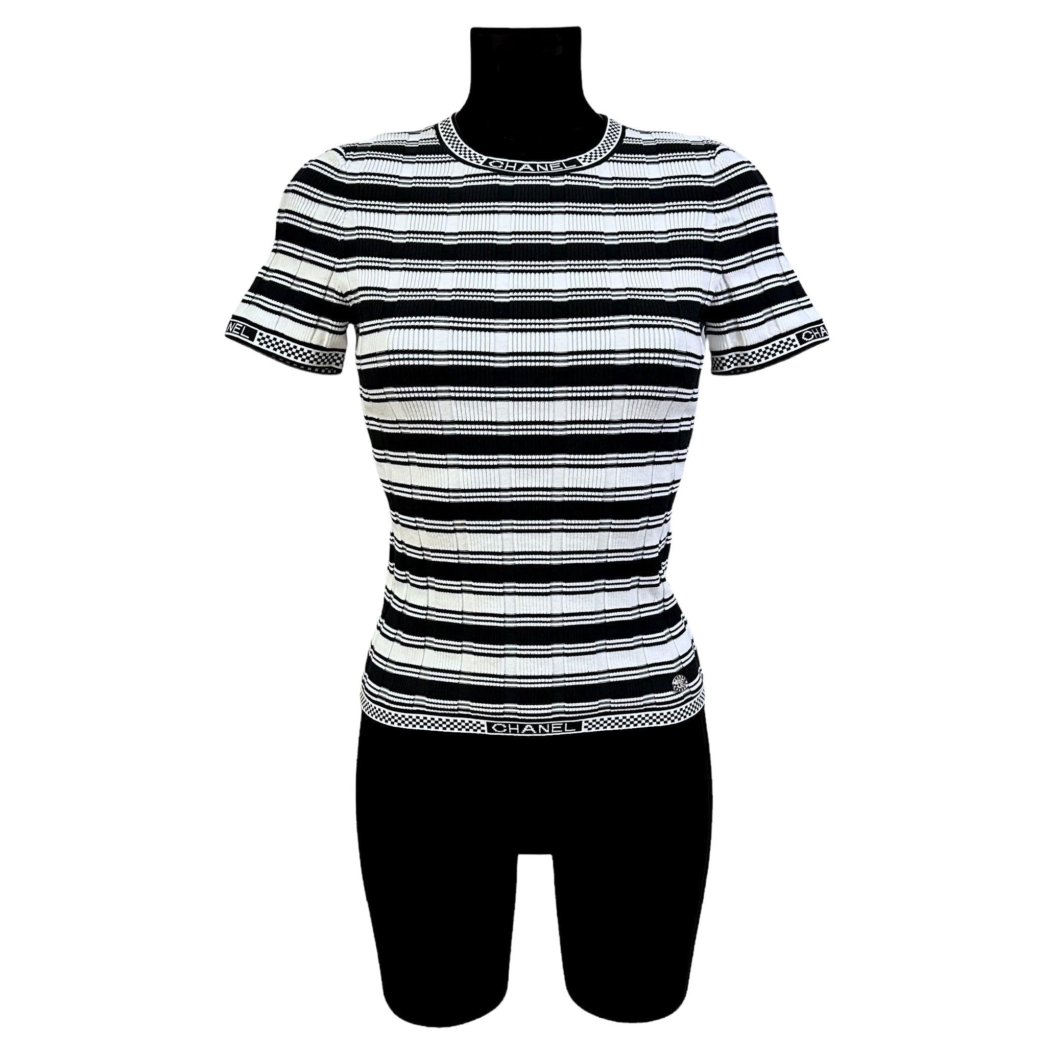 Chanel Cruise 2023 Black and White Stripes Knit Top For Sale