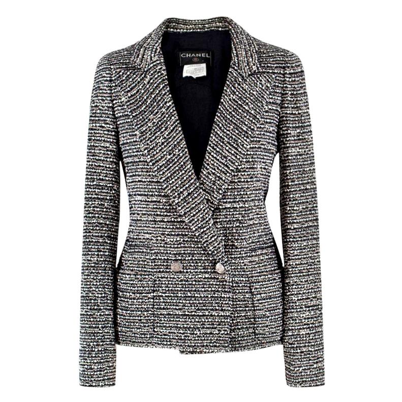Chanel Black, Blue & Ivory Metallic Tweed Tailored Jacket - Size US 0-2 For Sale