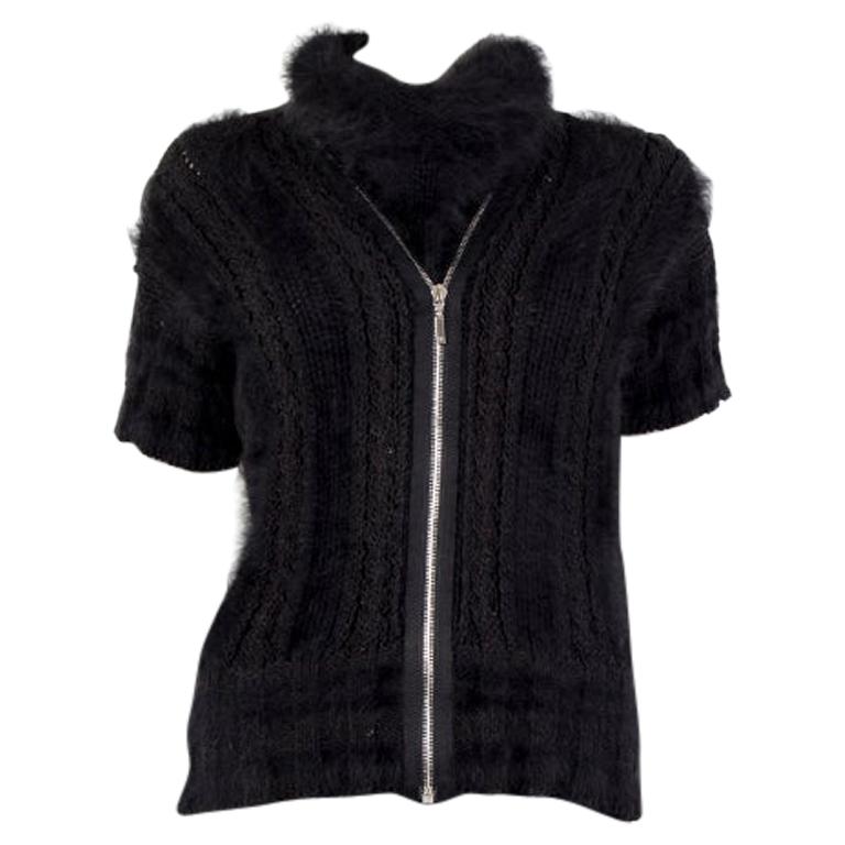 CHANEL black Angora ZIP FRONT Short Sleeve Turtleneck Sweater 40 M