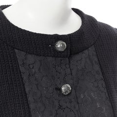 CHANEL black asymmetric lace panel pearl button lattice tweed black jacket FR40