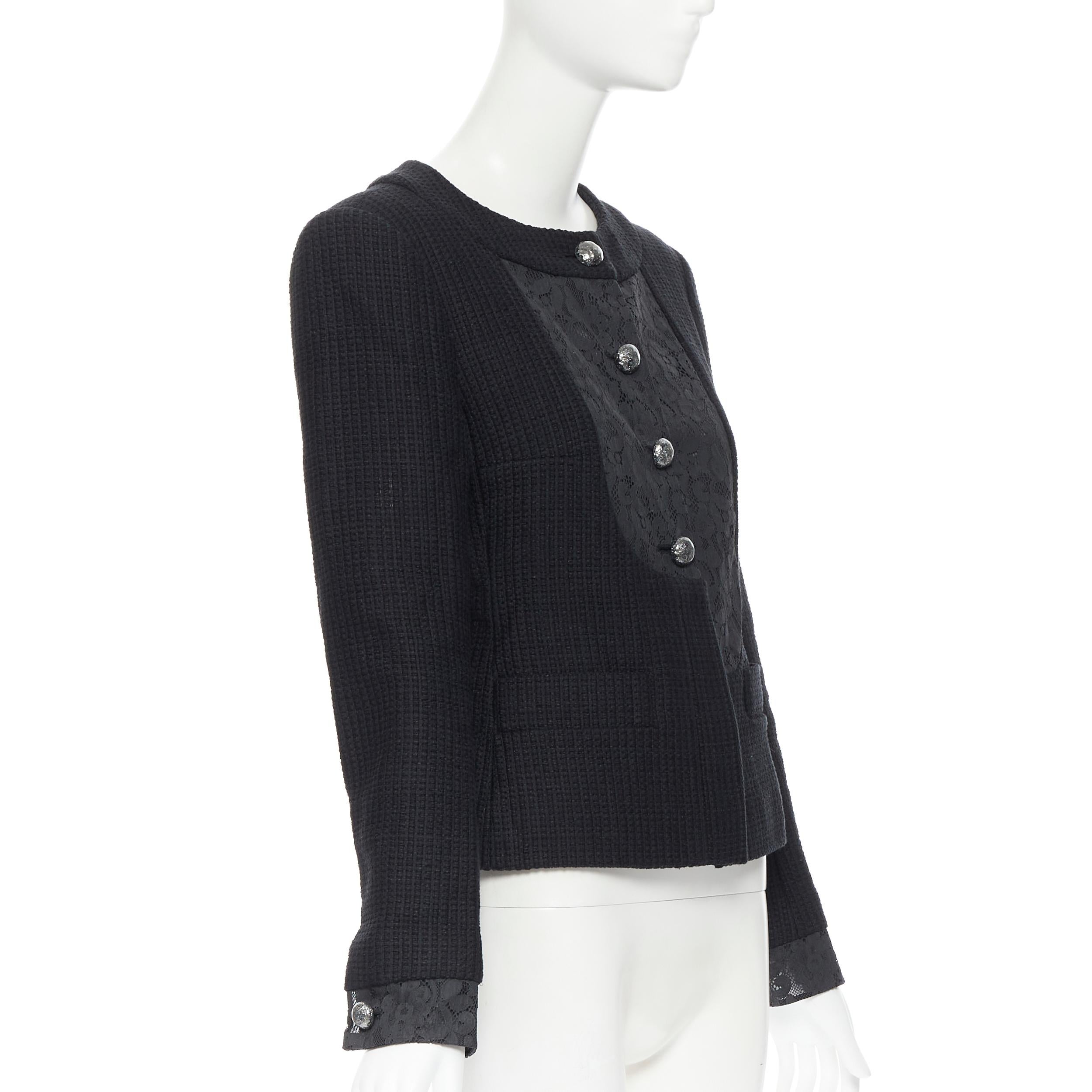 CHANEL black asymmetric lace panel pearl button lattice tweed black jacket FR40 In Excellent Condition In Hong Kong, NT