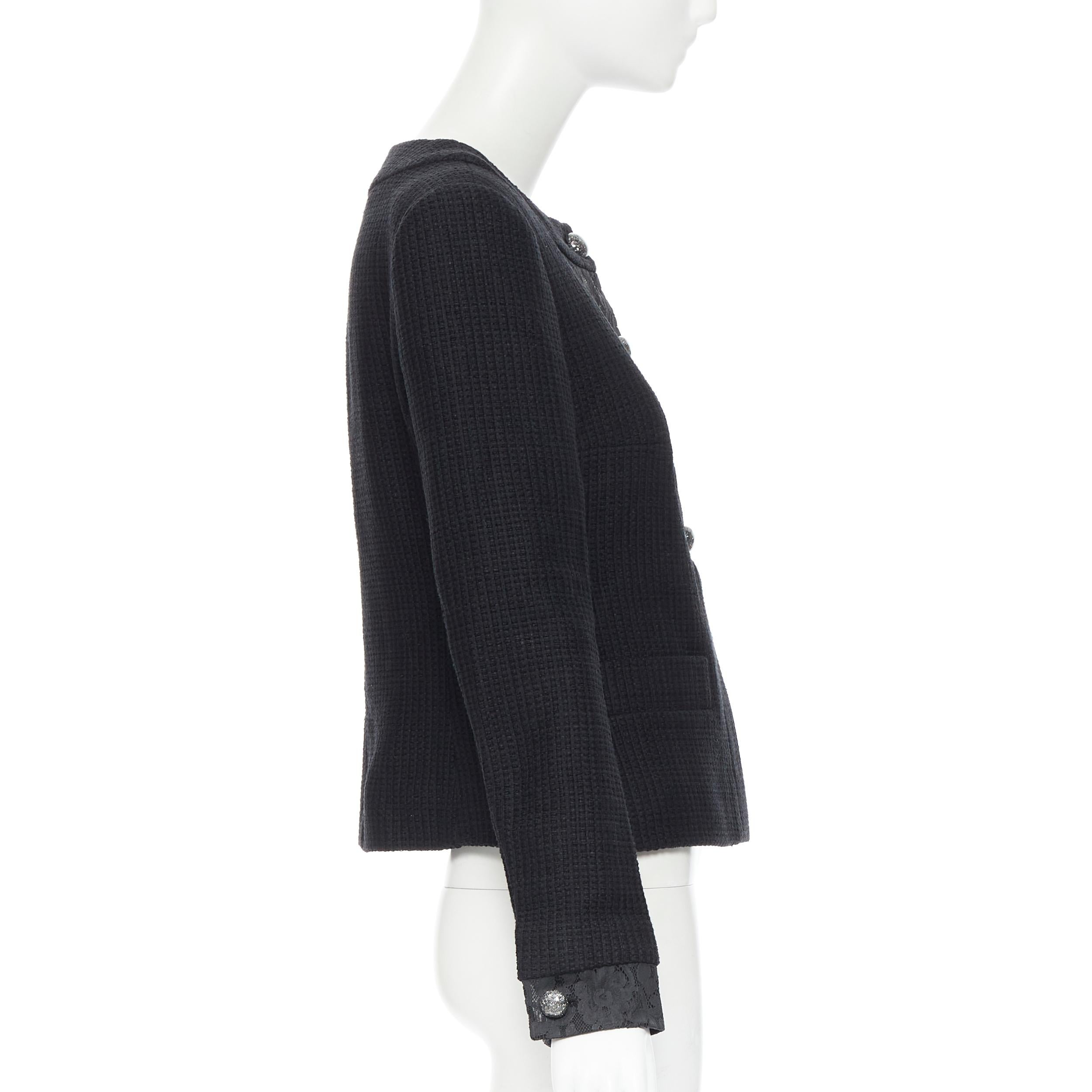 Women's CHANEL black asymmetric lace panel pearl button lattice tweed black jacket FR40