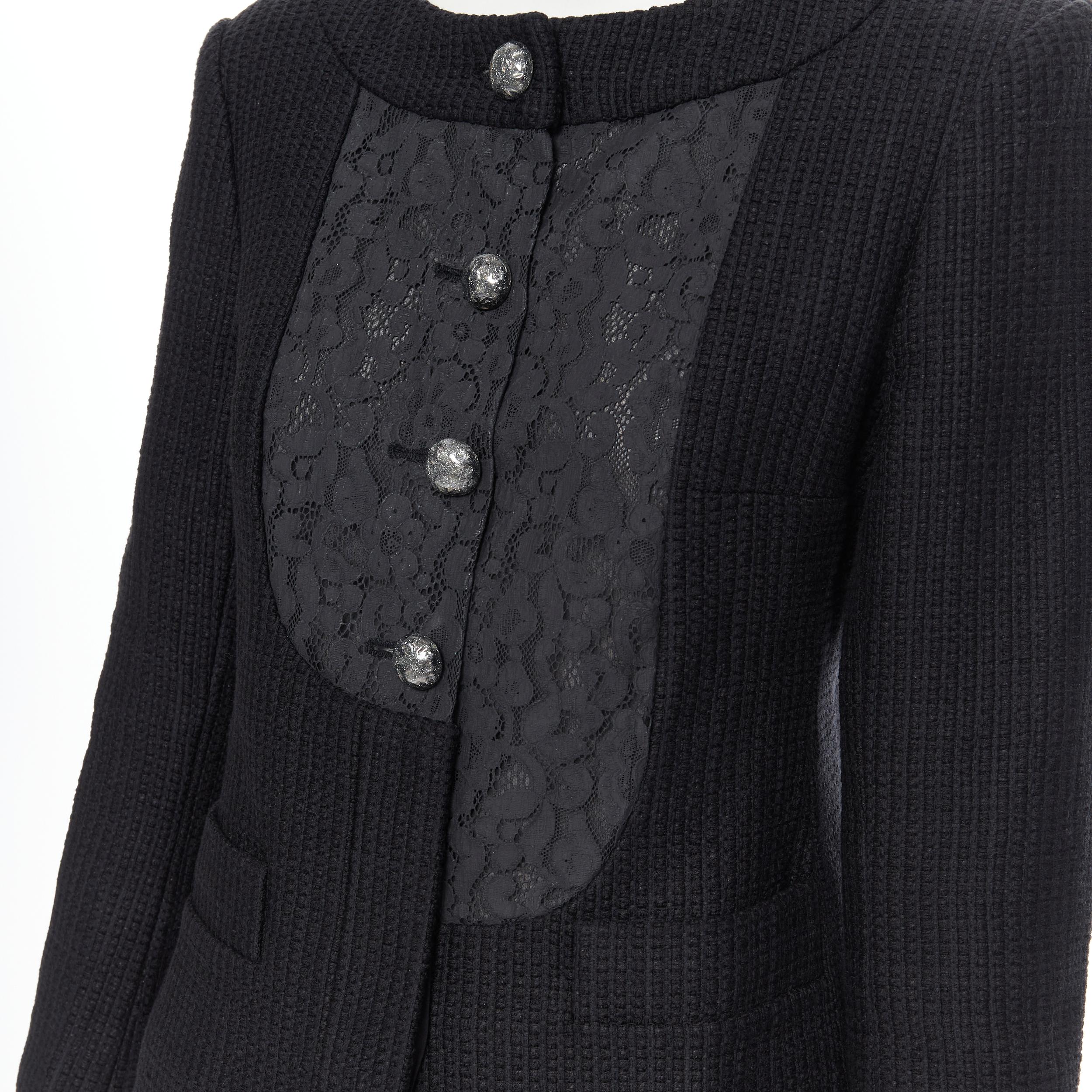 CHANEL black asymmetric lace panel pearl button lattice tweed black jacket FR40 3