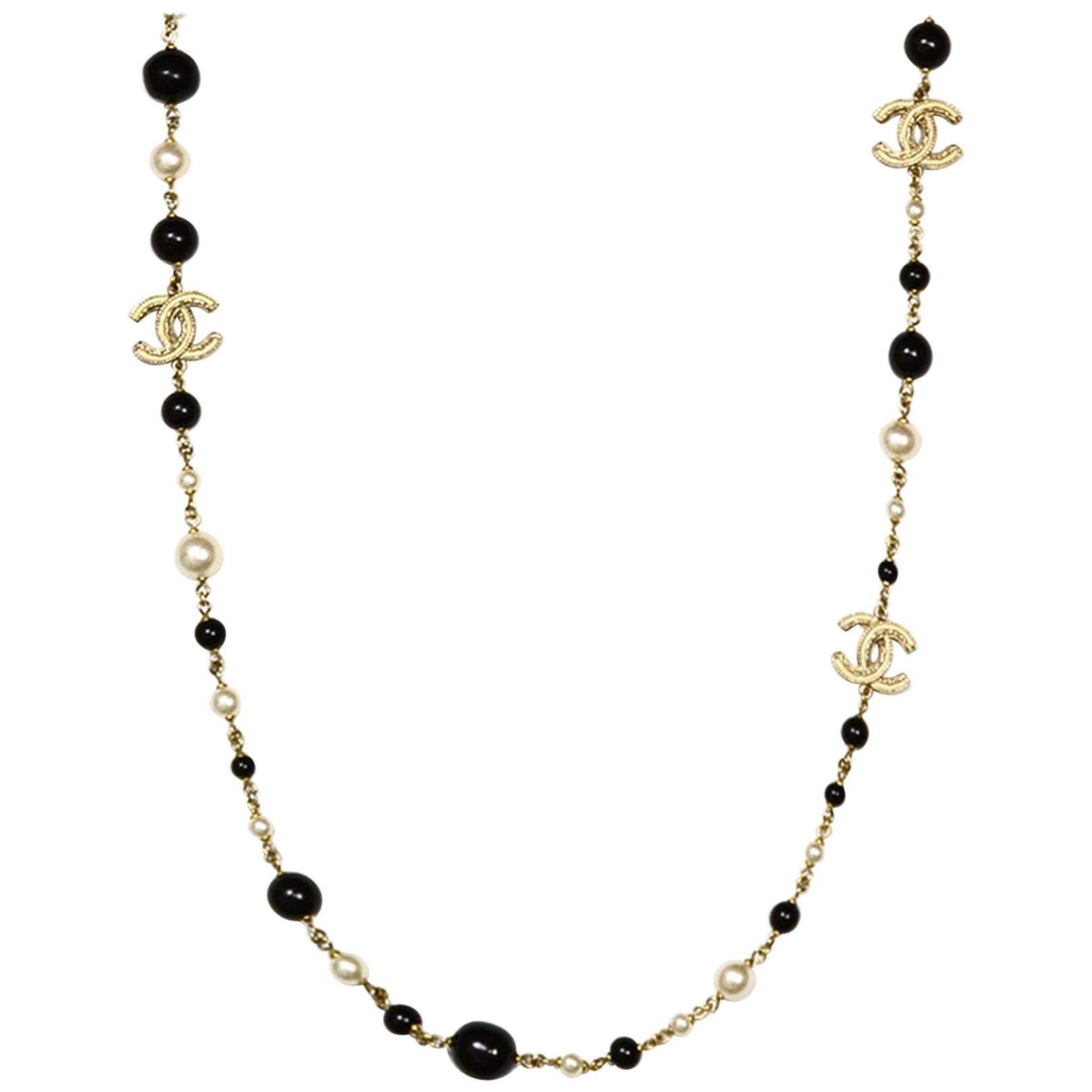 Chanel Black Bead and Faux Pearl Necklace with Enamel CC For Sale at