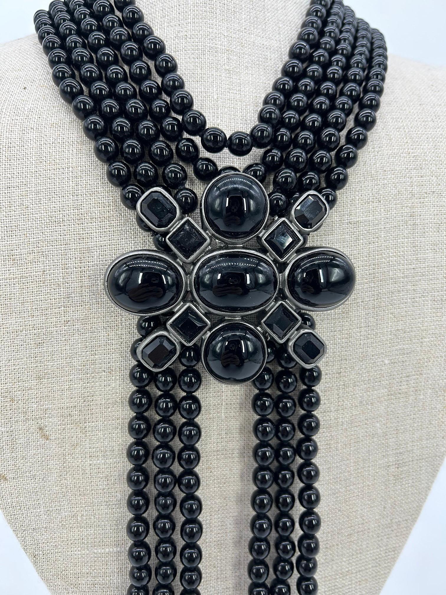 Chanel Black Beaded Multi Strand Emblem Necklace In Excellent Condition For Sale In Philadelphia, PA