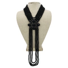 Chanel Black Beaded Multi Strand Emblem Necklace