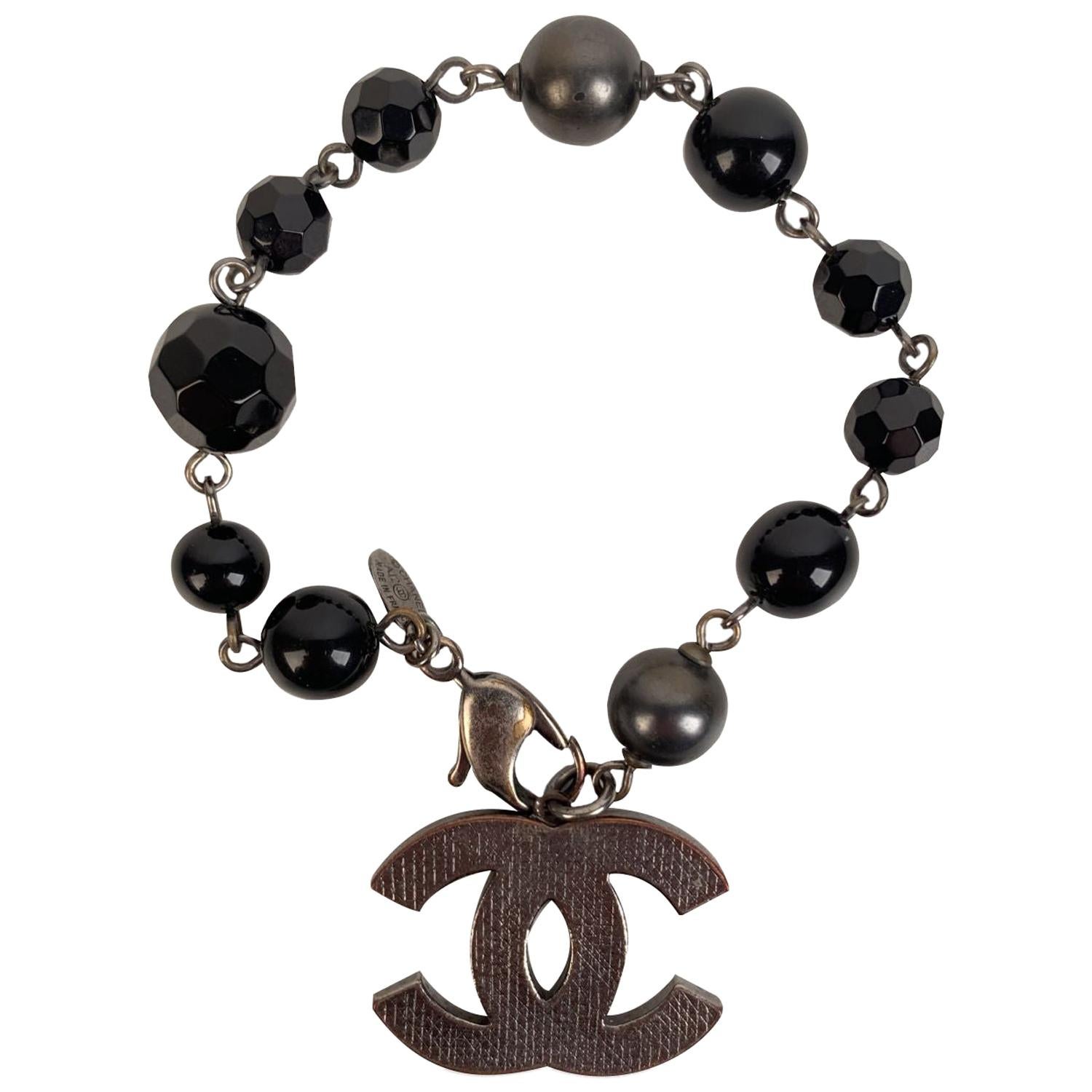 Chanel Black Beads and Silver Metal CC Logo Bracelet