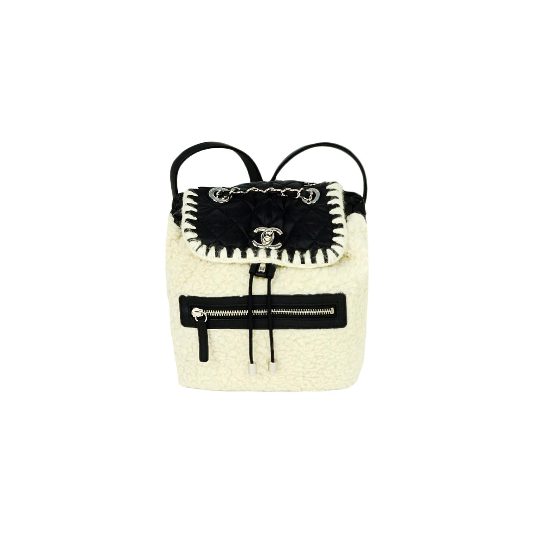Chanel Black/Beige Ecru Nylon & Shearling Wool Coco Neige Backpack Bag rt. $3800