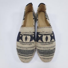 Chanel Black Beige Knit Fabric Striped Espadrille