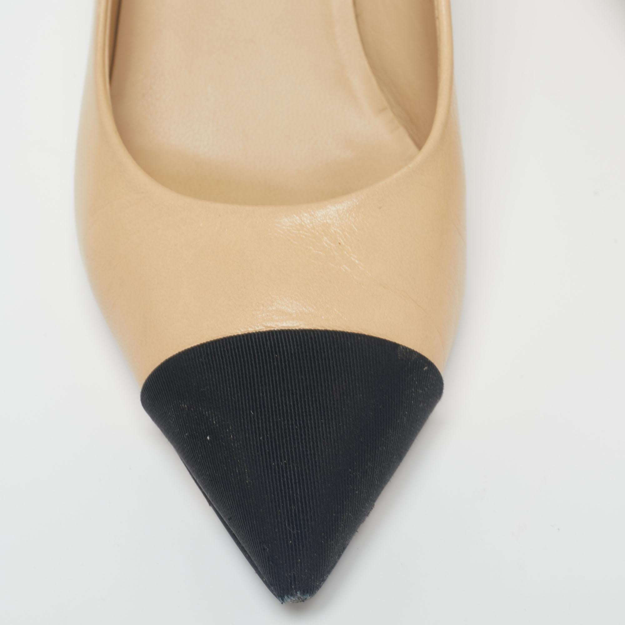 Women's Chanel Black/Beige Leather and Fabric Cap Toe Pointed Toe Pumps Size 36.5