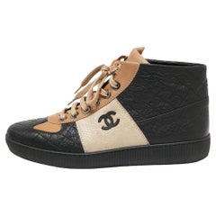 Chanel Black/Beige Leather And Nubuck CC High Top Sneakers Size 40
