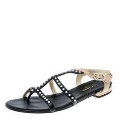 Chanel Black/Beige Leather Faux Pearl Embellished Strappy Flat Sandals Size 37.5