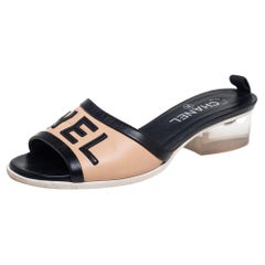 Chanel Black/Beige Leather Logo Slide Sandals Size 38.5