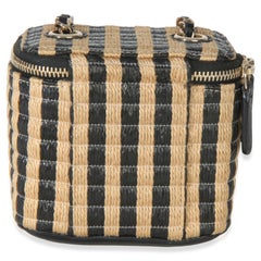 Chanel Schwarz Beige Raffia Jute gestreift Mini Vanity Case mit Kette
