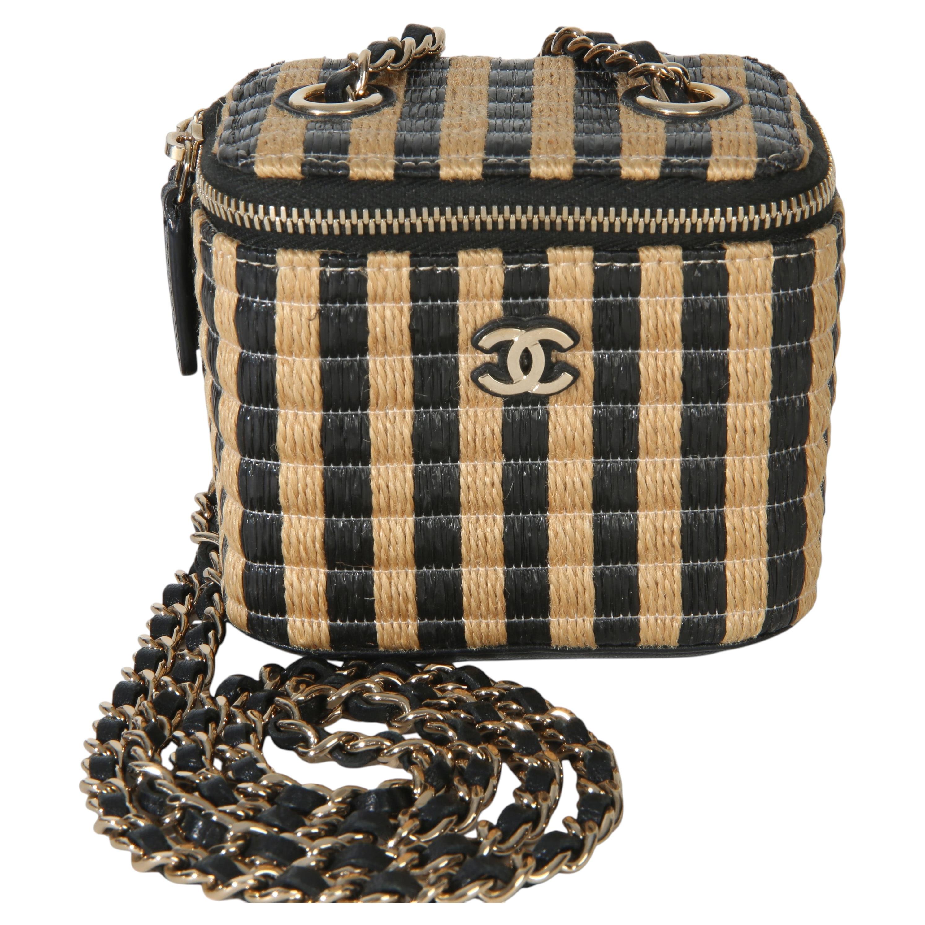 Chanel Black Beige Raffia Jute Striped Mini Vanity Case With Chain