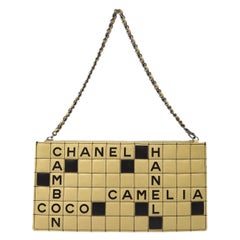 Chanel Black Beige Tan Leather Scrabble Crossword Small Pochette Shoulder Bag
