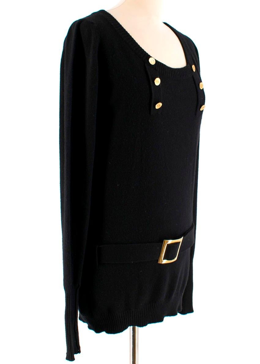 Chanel black belted cashmere jumper 

- ribbed wide crew neck
- six gold-tone metal buttons on the front
- long ribbed sleeve cuffs
- wide belt with gold buckle
- belt loops
- Chanel logo embroidered at the bottom left
- ribbed hem 

There is no