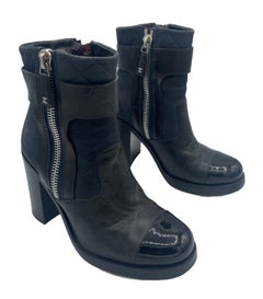 Chanel Black Biker Booties w/Paatent Leather Toe, 2000s