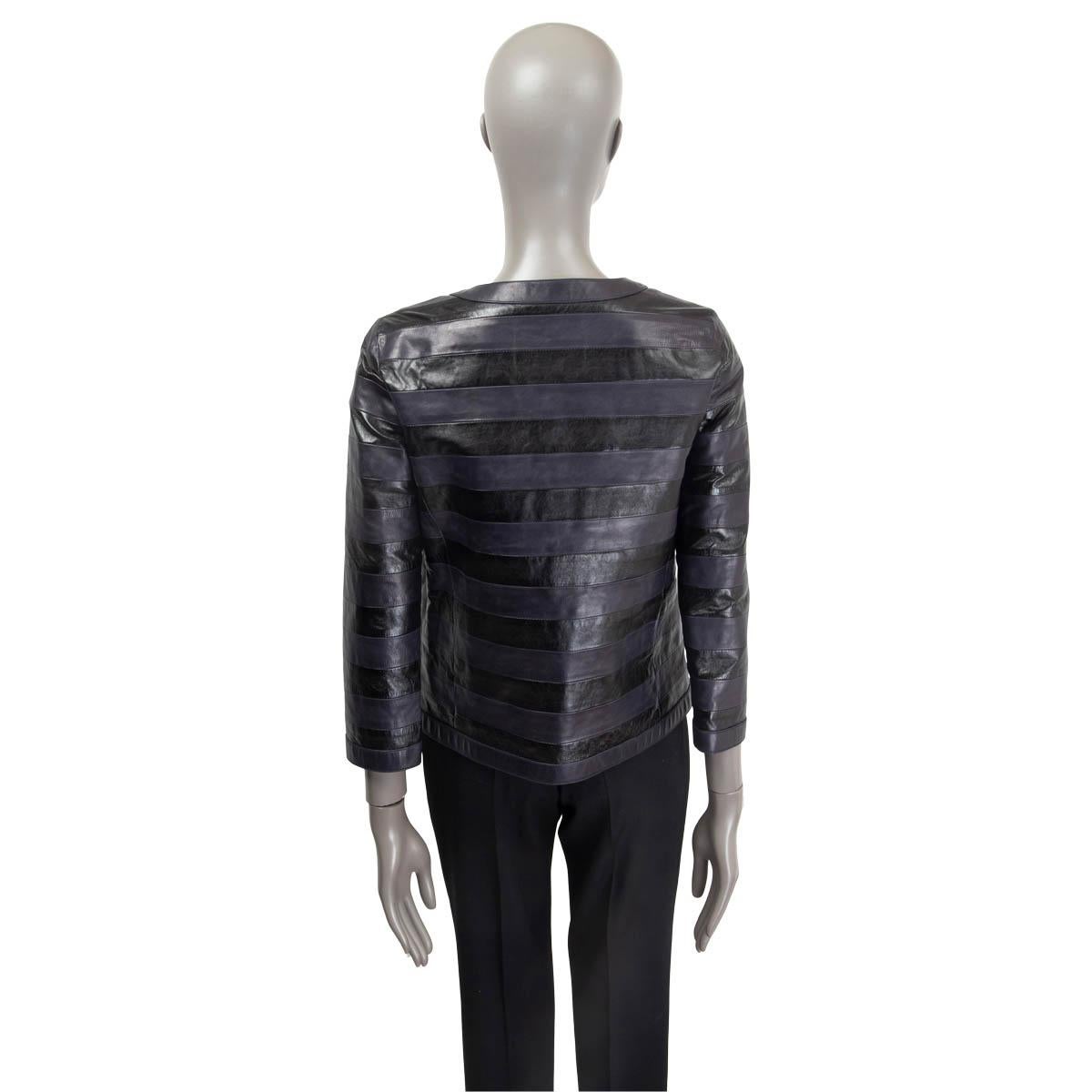 Black CHANEL black & blue 2018 METIER'S HAMBURG STRIPED LEATHER Jacket 38 S For Sale