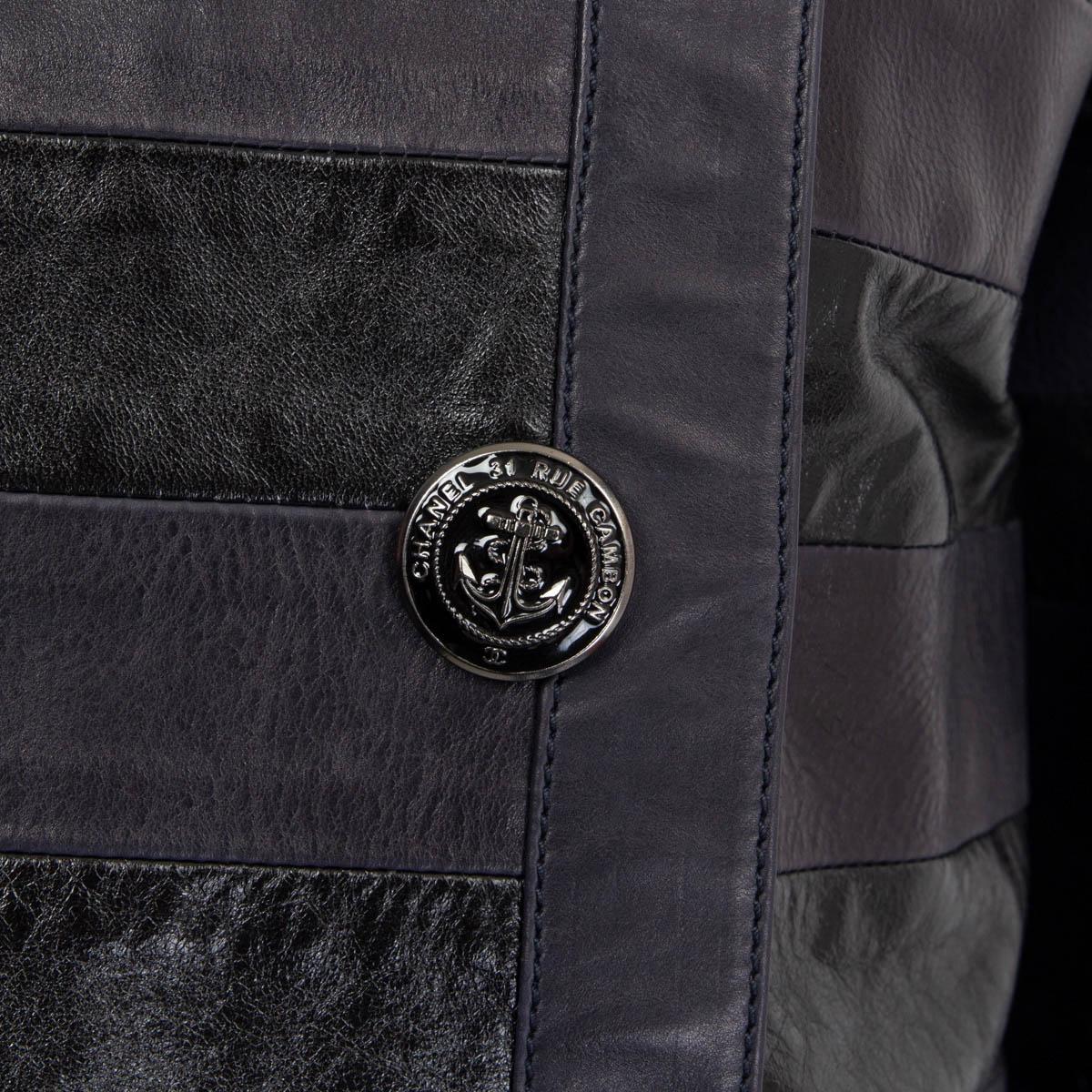 Women's CHANEL black & blue 2018 METIER'S HAMBURG STRIPED LEATHER Jacket 38 S For Sale
