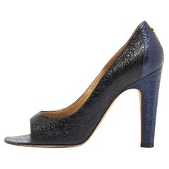 Chanel Black/Blue Crackled Leather Open Toe Pumps Size 37.5
