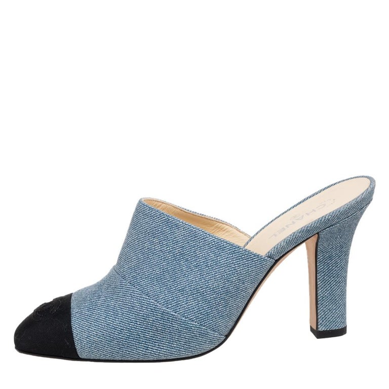 Chanel Black/Blue Denim and Fabric CC Mules Size 37 at 1stDibs