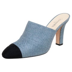 Chanel Black/Blue Denim and Fabric CC Mules Size 37