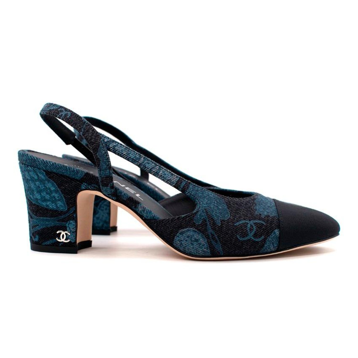 Chanel Black and Blue Denim Block Heel Slingback Pumps US  For Sale at  1stDibs | chanel slingback denim, chanel denim slingback