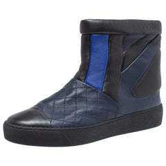Chanel Black/Blue Leather Snow Ankle Boots Size 40