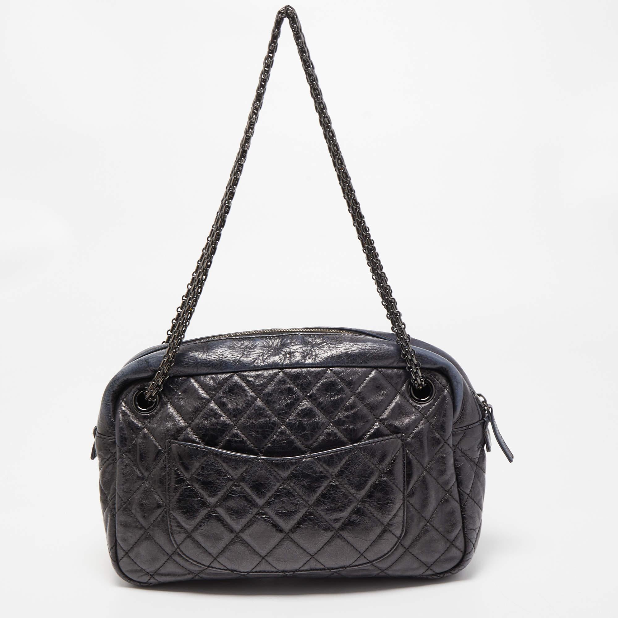 Chanel Black/Blue Quilted Iridescent Leather Mademoiselle Camera Shoulder Bag 1