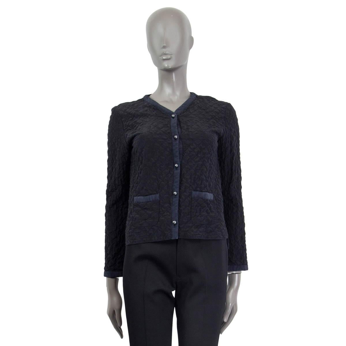 Black CHANEL black & blue silk 2015 QUILTE CREPE DE CHINE Jacket 36 XS For Sale